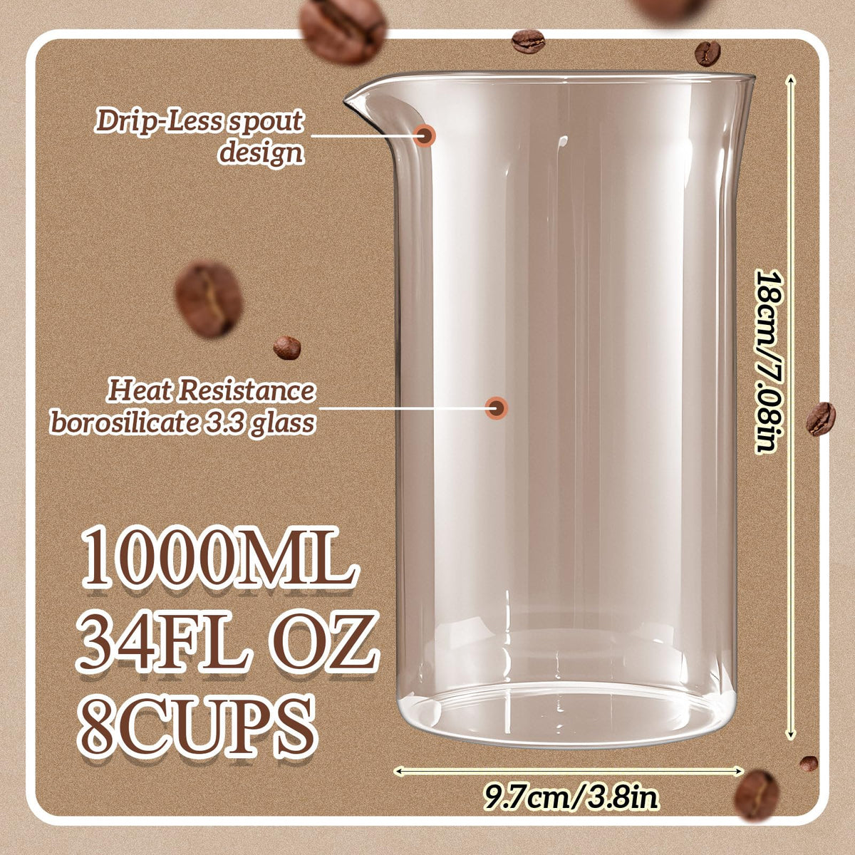 2 Pcs Borosilicate Glass French Press Replacement, 34 oz Q40404