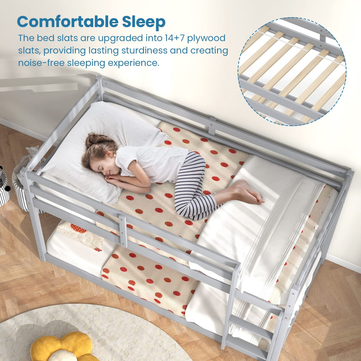 Twin Over Twin Solid Wood Low Bunk Bed with Ladder and Guardrails P598244