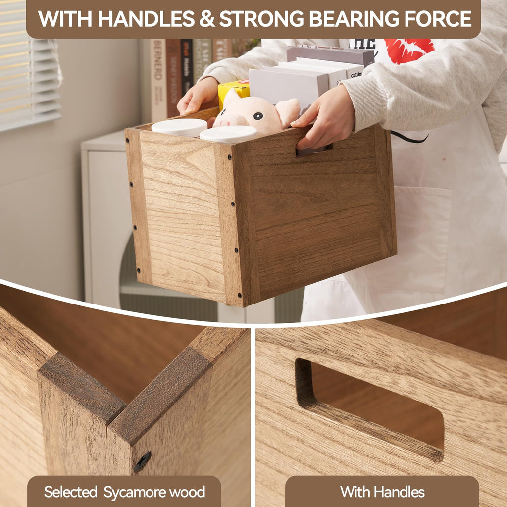 Brown Stackable Wood Storage Cube with Handles O96545