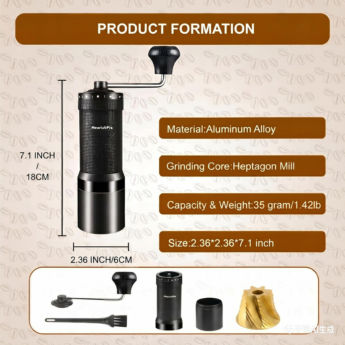 Manual Coffee Grinder, Titanium Conical Burr, 35g Capacity D42731