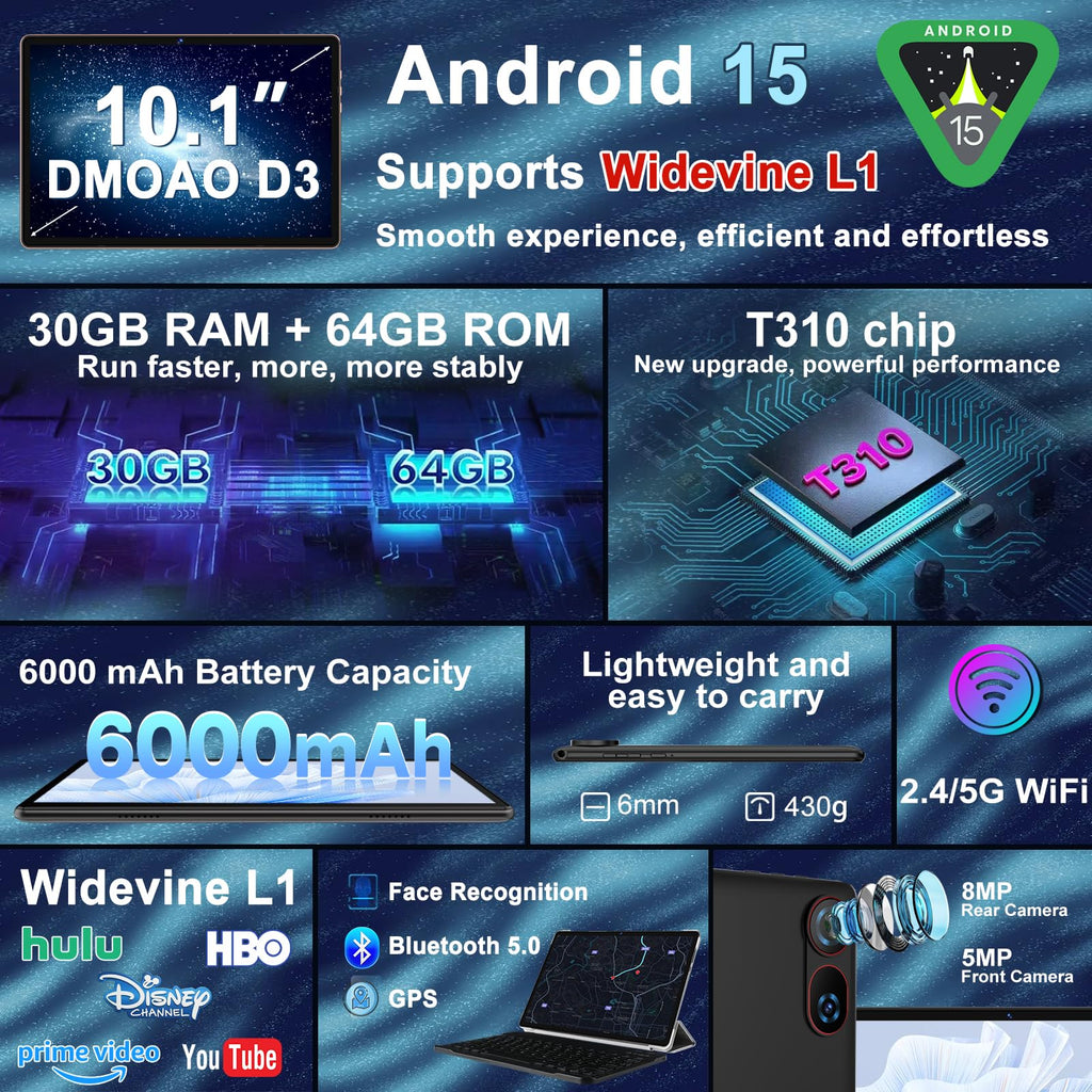 Android 15 Tablet 10.1 Inch FHD 30GB RAM 64GB ROM Black O641