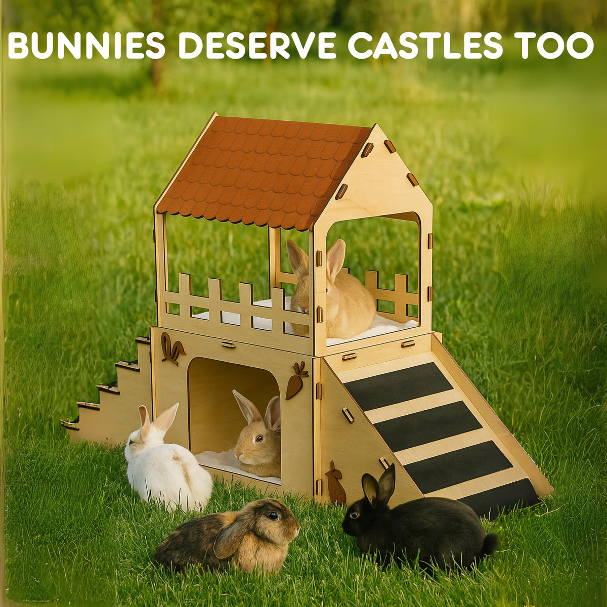 Extra Large Wooden Rabbit Hideout with Fleece Mats Z39053