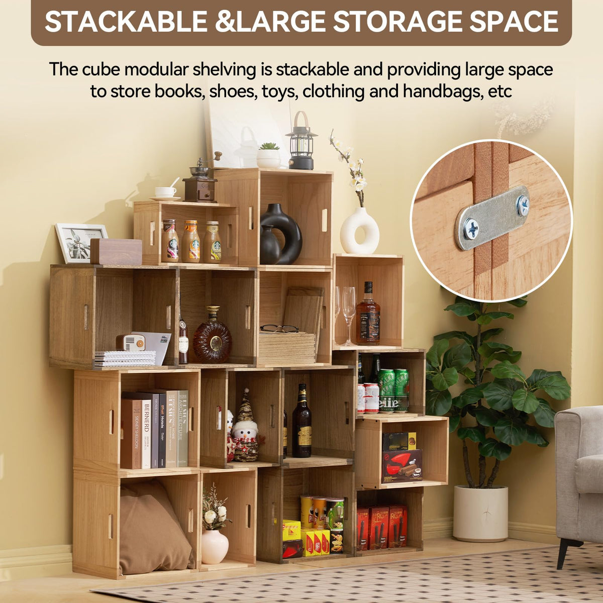 Brown Stackable Wood Storage Cube with Handles O96545