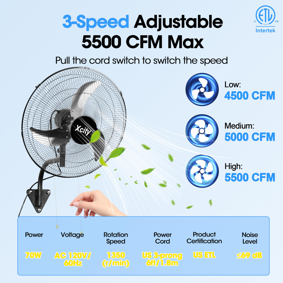 20 inch Industrial Wall Mounted Oscillating Fan, 3-Speed, 5500 CFM, Black G1914