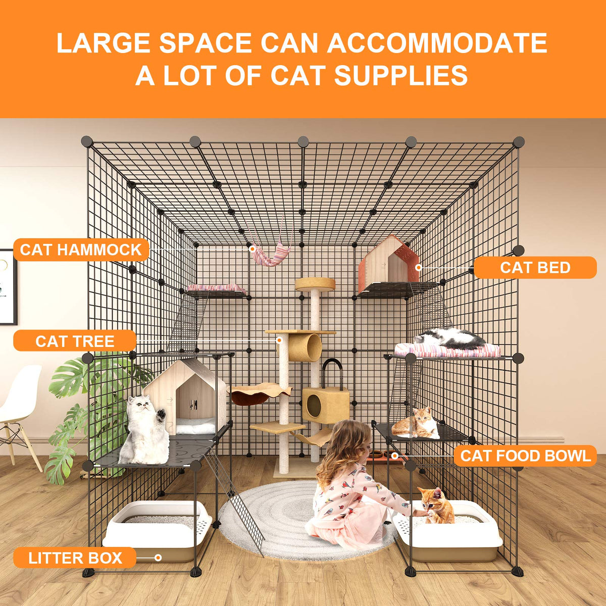 Large Cat Cage Indoor Enclosure Playpen Metal Wire Kennels Crate 55L x 55W x 55H Inchs E234