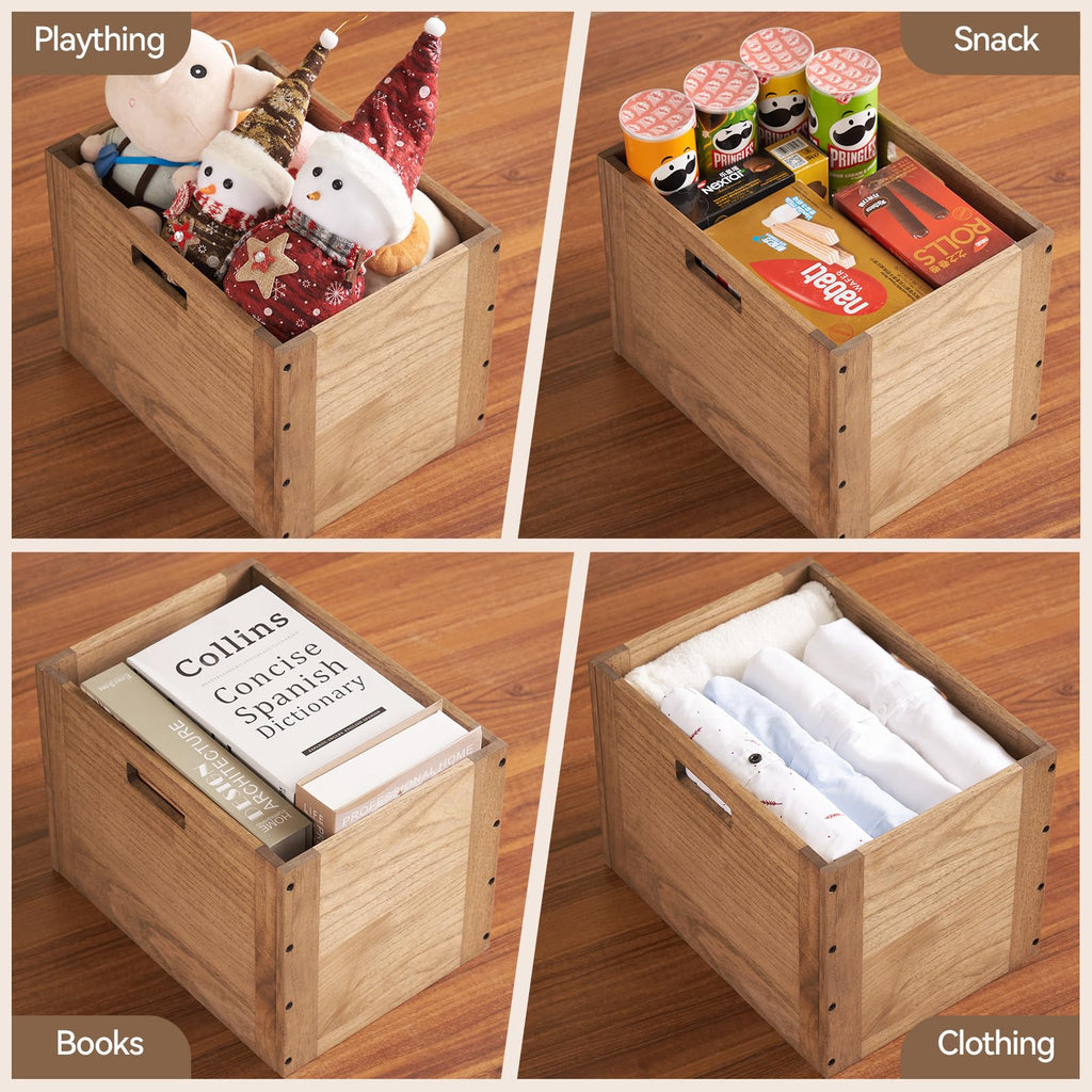 Brown Stackable Wood Storage Cube with Handles O96545