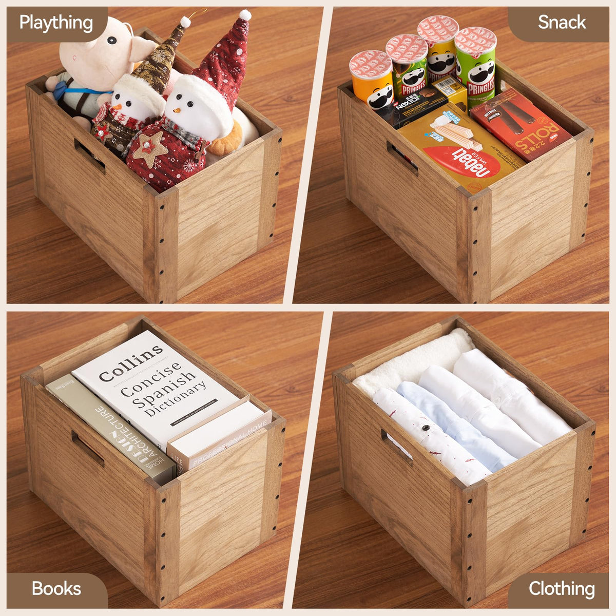 Brown Stackable Wood Storage Cube with Handles O96545