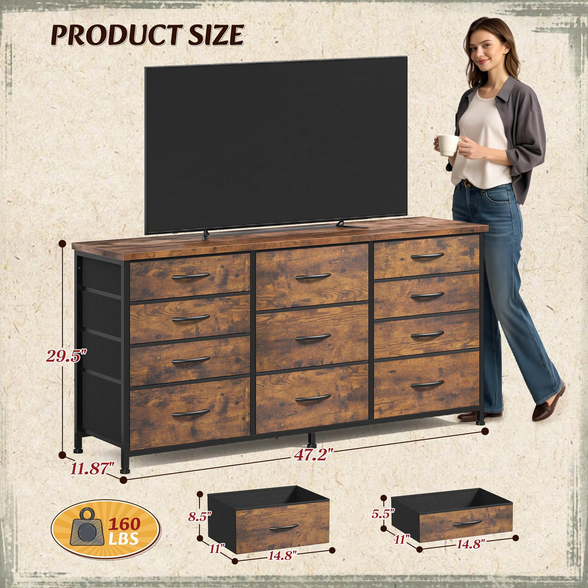 47.2"W Long Dresser with 11 Fabric Drawers C500613