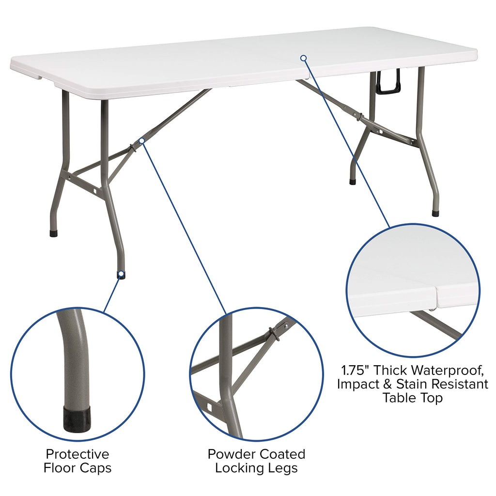6-Foot Bi-Fold Granite White Plastic Folding Table with Carrying Handle B714833