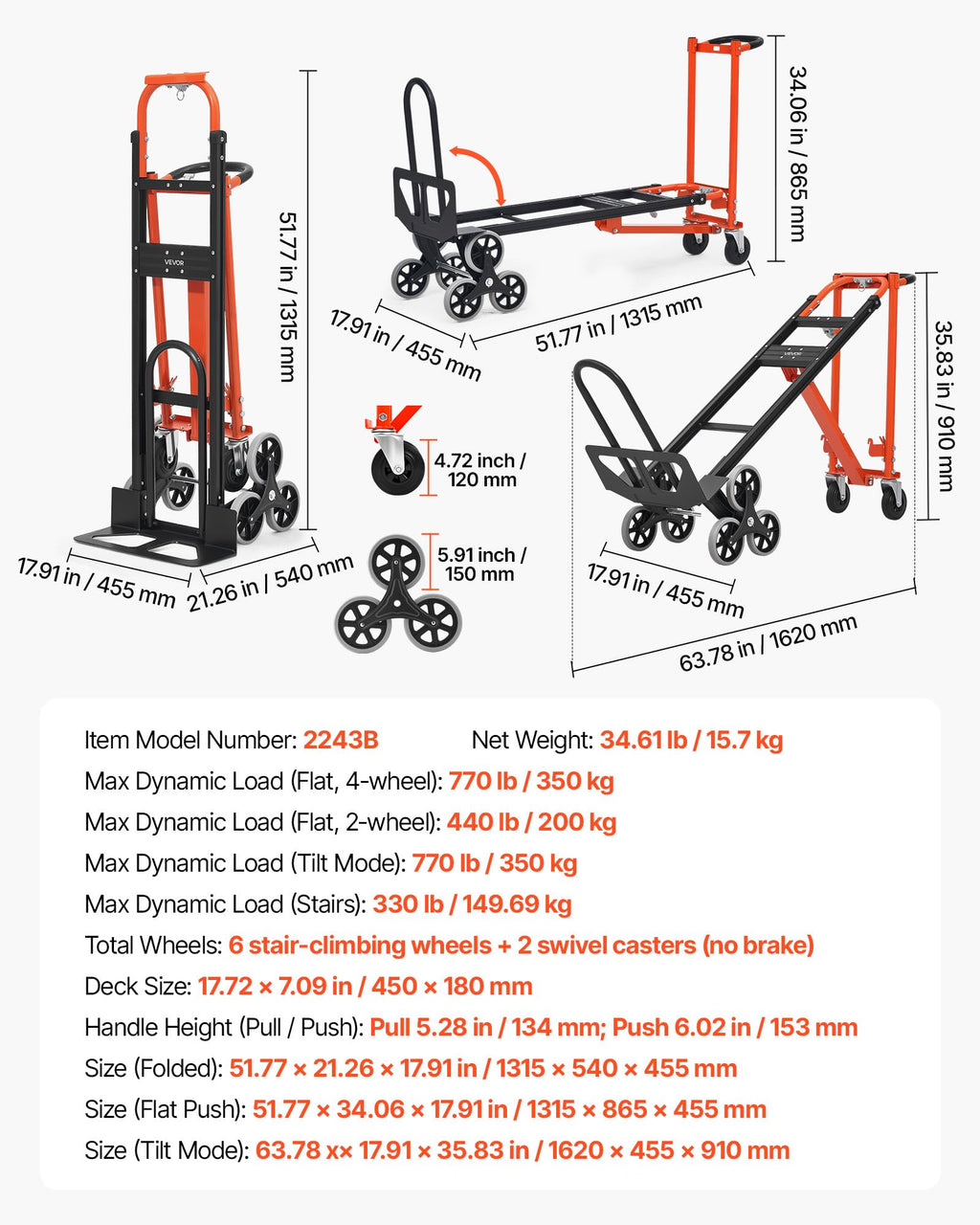 3 in 1 Convertible Stair Climbing Cart 770 lbs Folding Hand Truck Dolly U620996