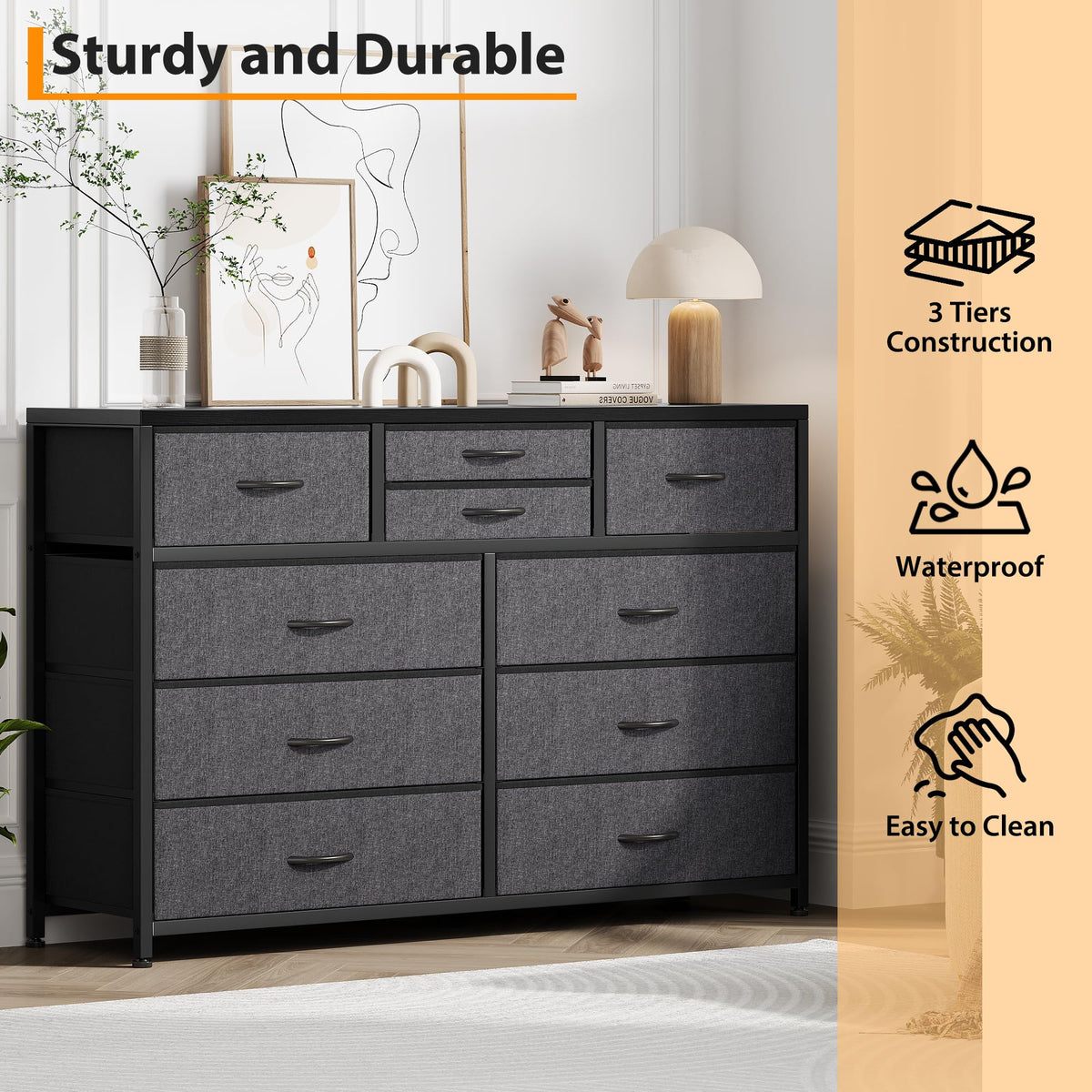 10 Drawer Fabric Dresser with Wood Top J77447