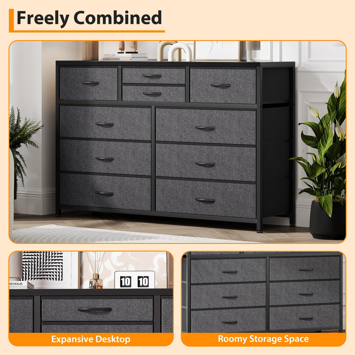 10 Drawer Fabric Dresser with Wood Top J77447