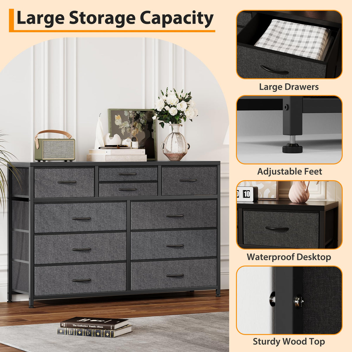 10 Drawer Fabric Dresser with Wood Top J77447