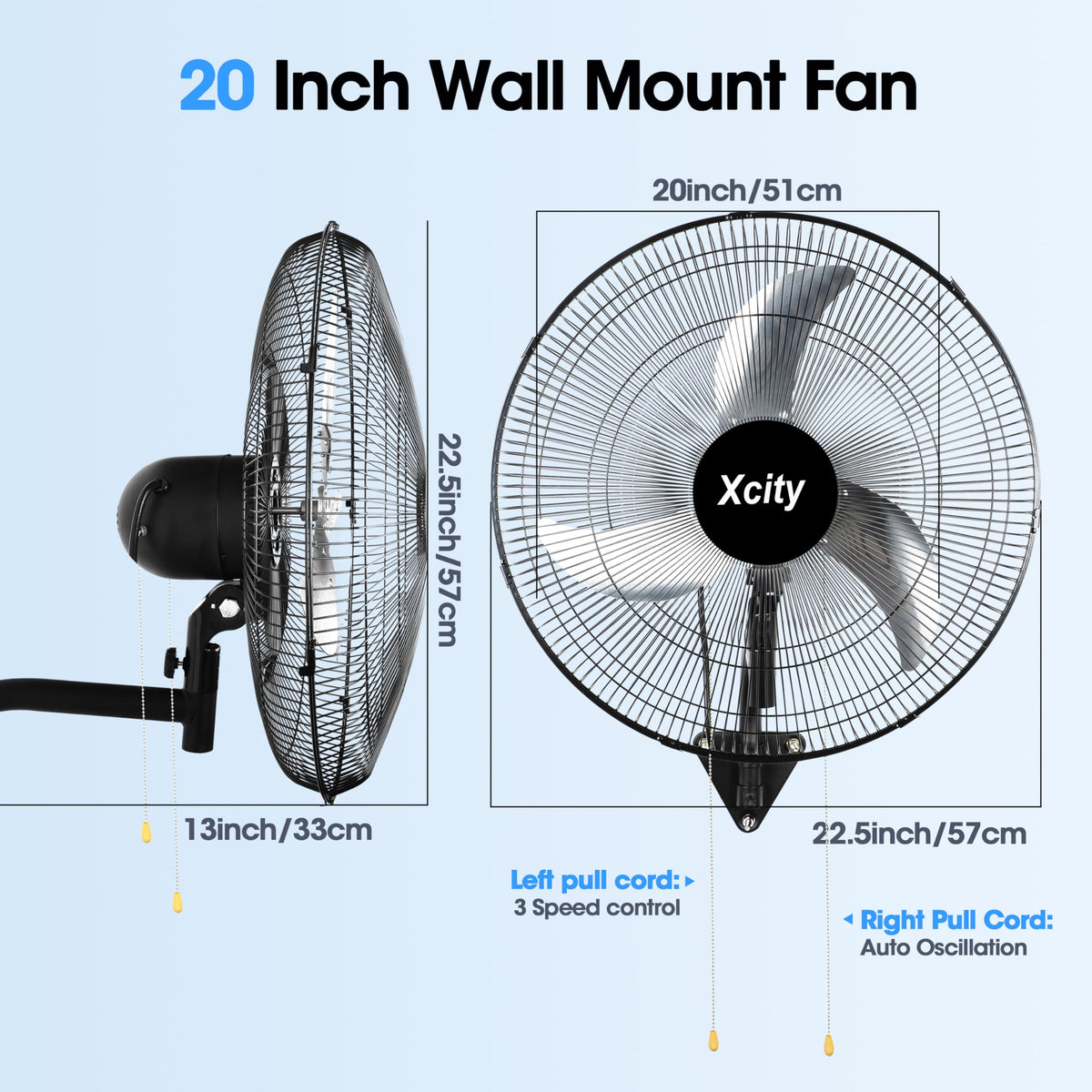 20 inch Industrial Wall Mounted Oscillating Fan, 3-Speed, 5500 CFM, Black G1914